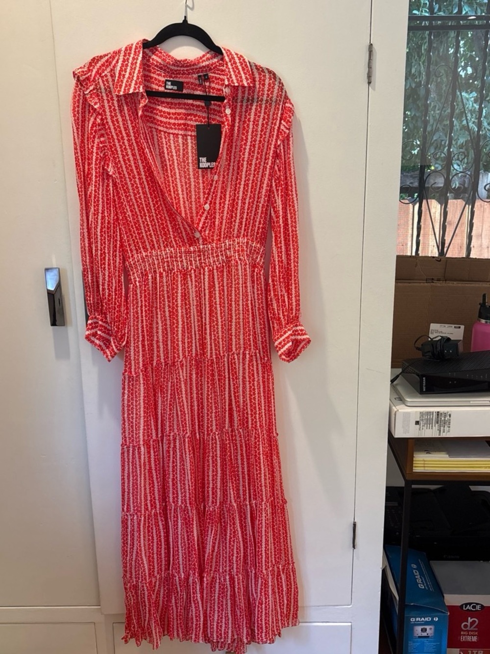 The Kooples Red and White Striped Tiered Maxi Dress